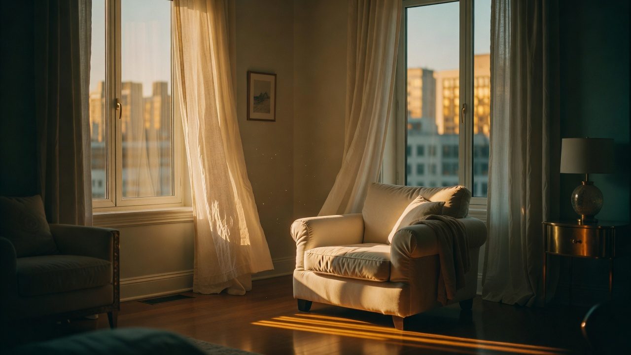 Interior of a contemporary apartment with a city view