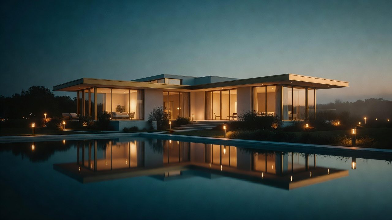 Low-rise residential architecture at dusk