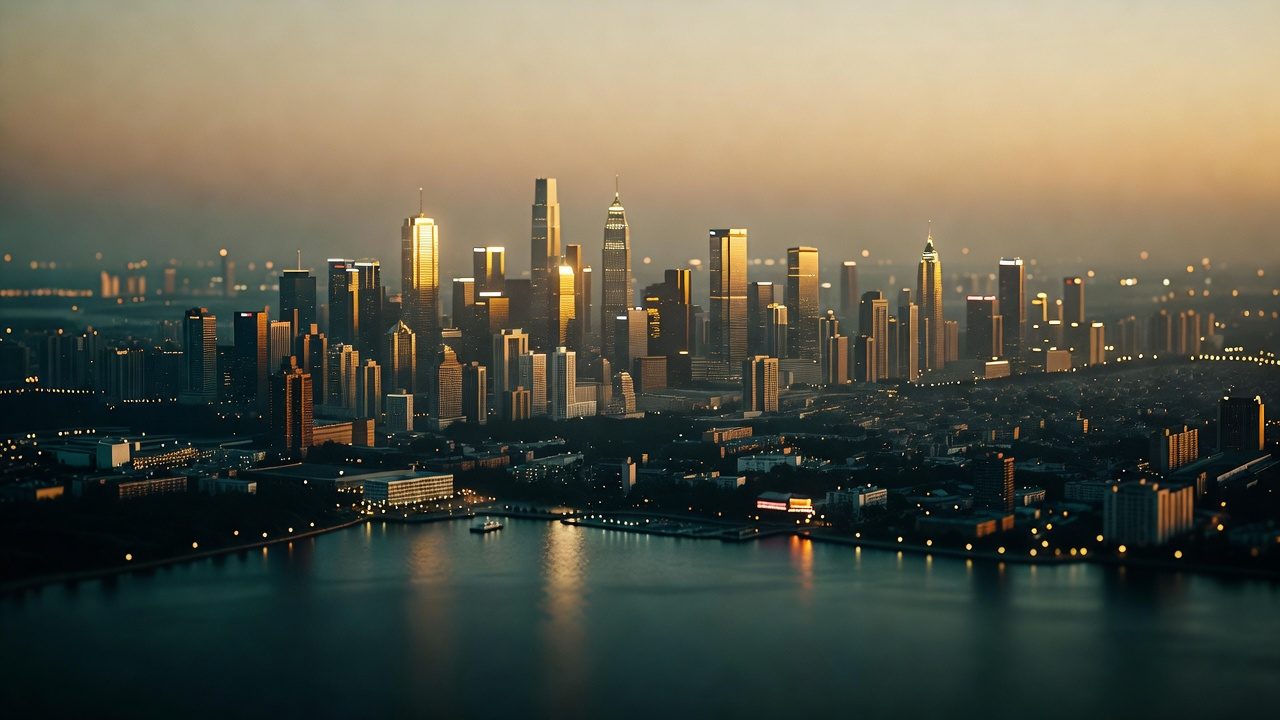 International skyline at golden hour